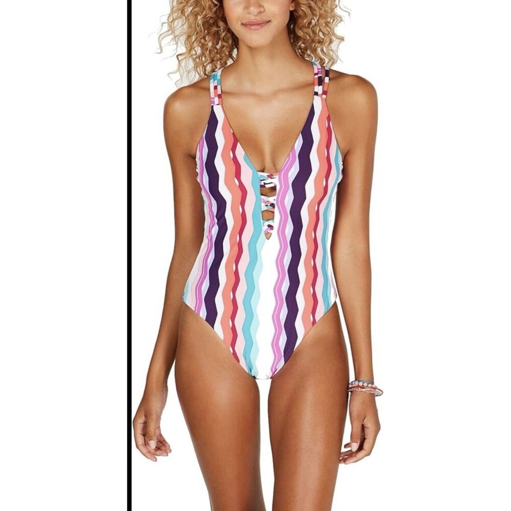 NWT Bar III Waves Printed Strappy High Leg One Piece Swimsuit Multi-Color Size S